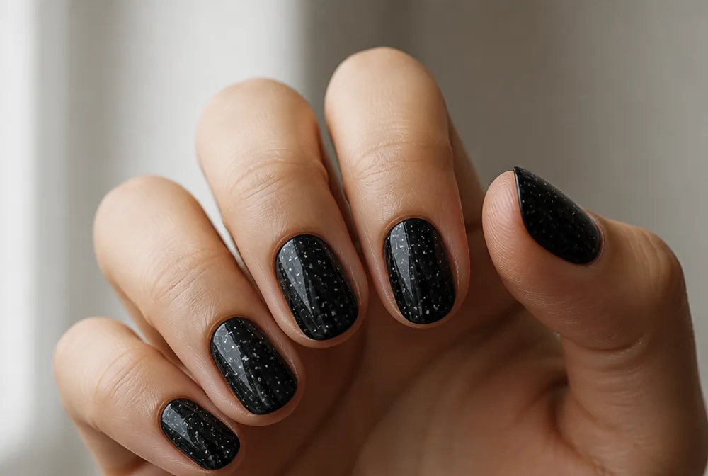 black nails with silver splatter New Years nail art - PolishedAndPrettyNails.com black nails with silver splatter New Years nail art