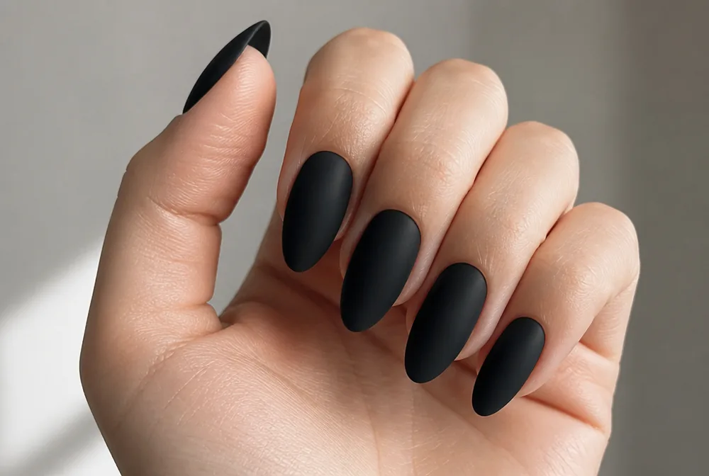black velvet matte New Years nails on almond shape - PolishedAndPrettyNails.com black velvet matte New Years nails on almond shape