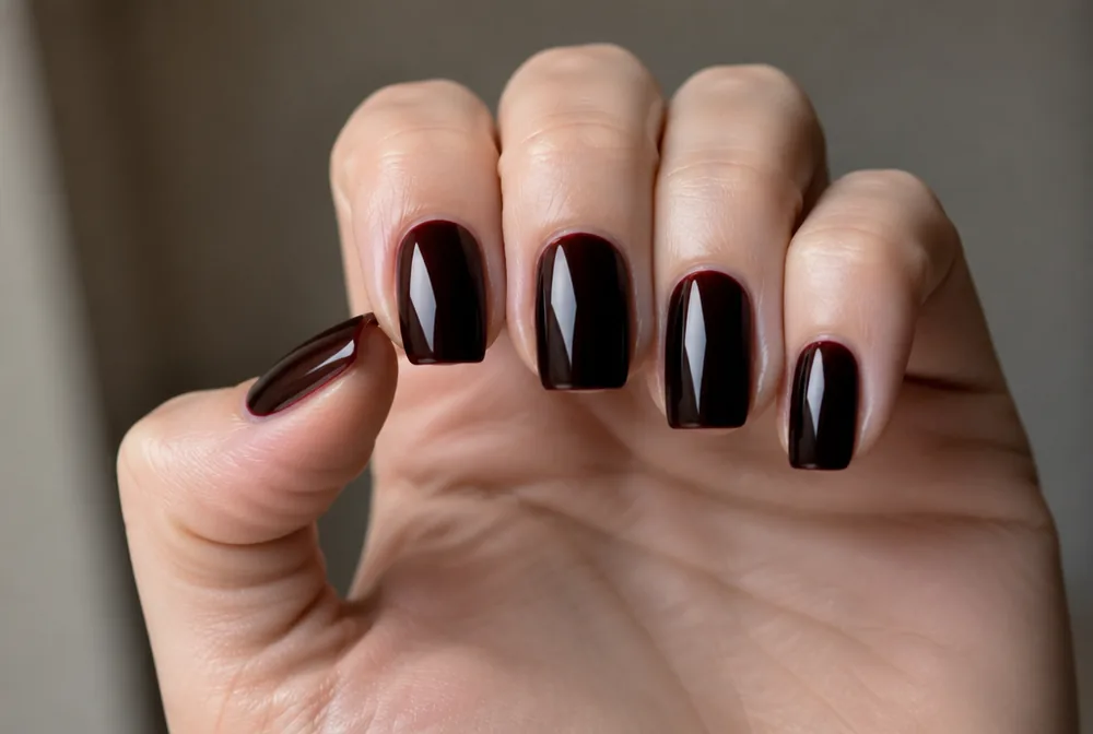 blackened cherry dark red nails with glossy finish - PolishedAndPrettyNails.com blackened cherry dark red nails with glossy finish