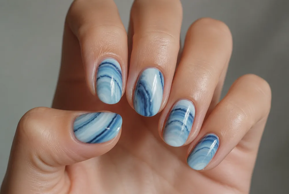 blue agate nails with layered banded pattern