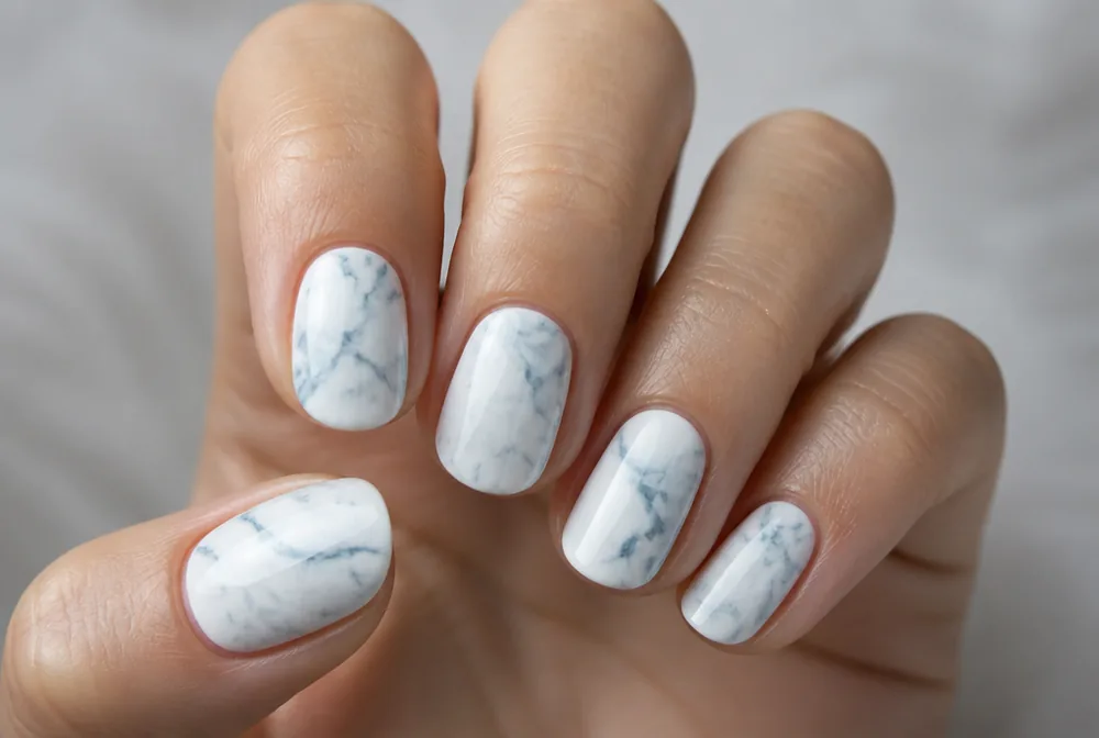 blue and white marble nail art