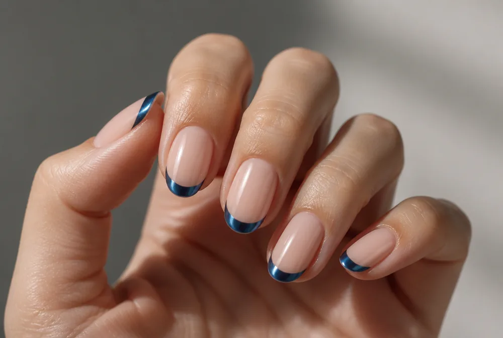 blue chrome french tip nails on nude base