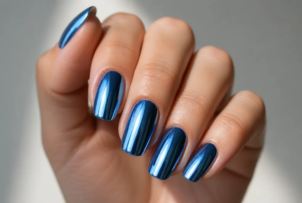 blue chrome mirror nails with metallic finish
