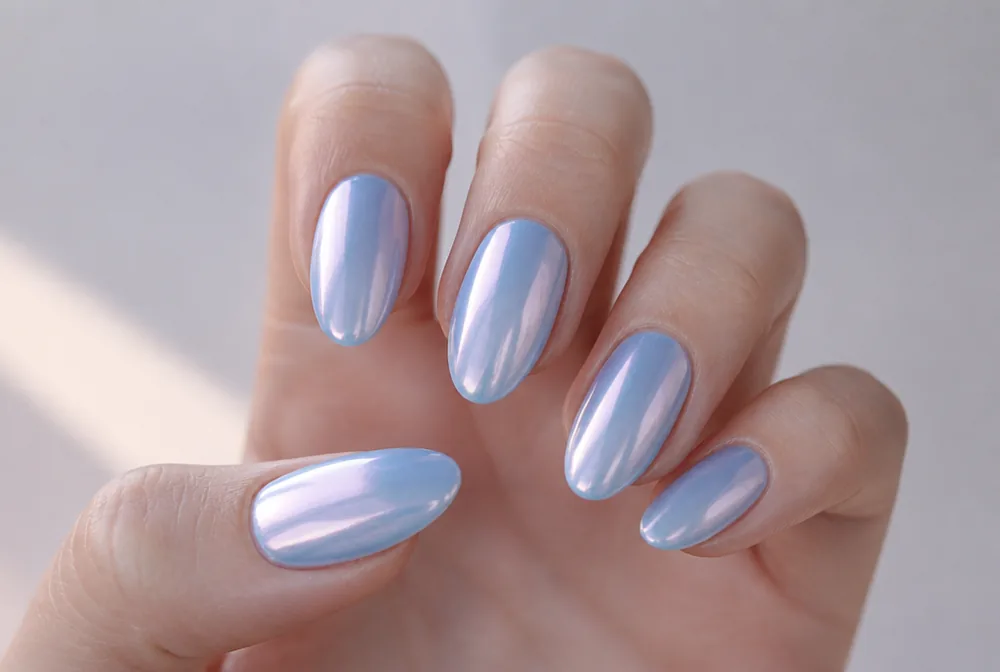 blue glazed pearl chrome nails with iridescent shift