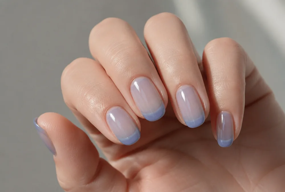 blue jelly nails with translucent glossy finish