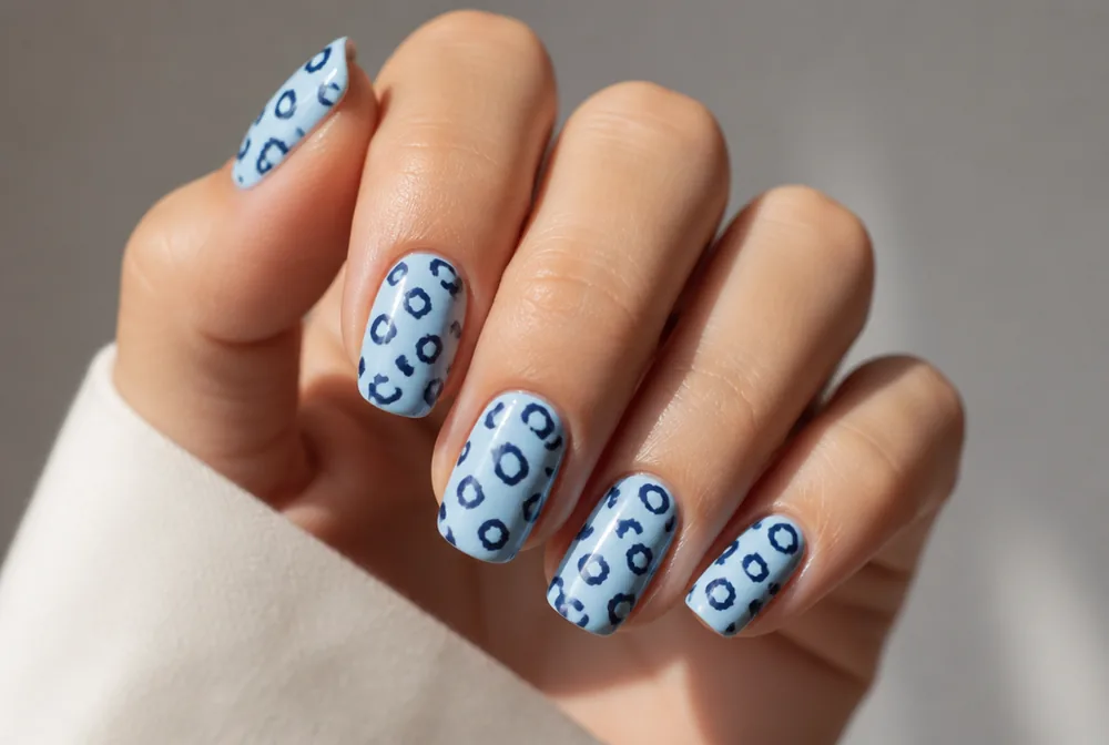 blue leopard print nails with navy spots