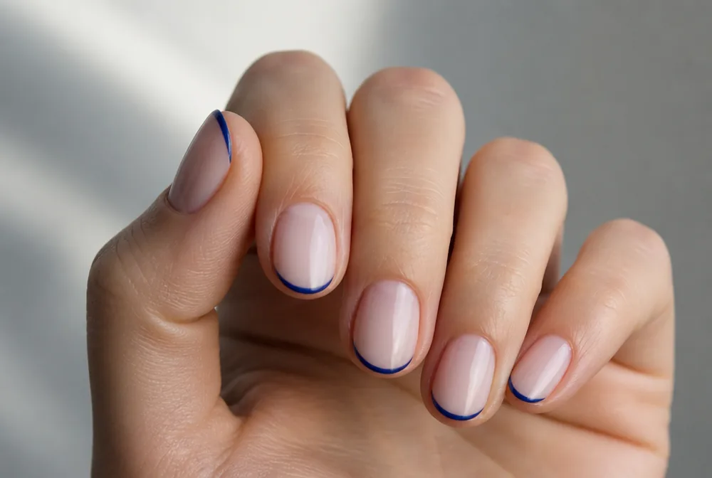 blue micro French tip nails with ultra thin line