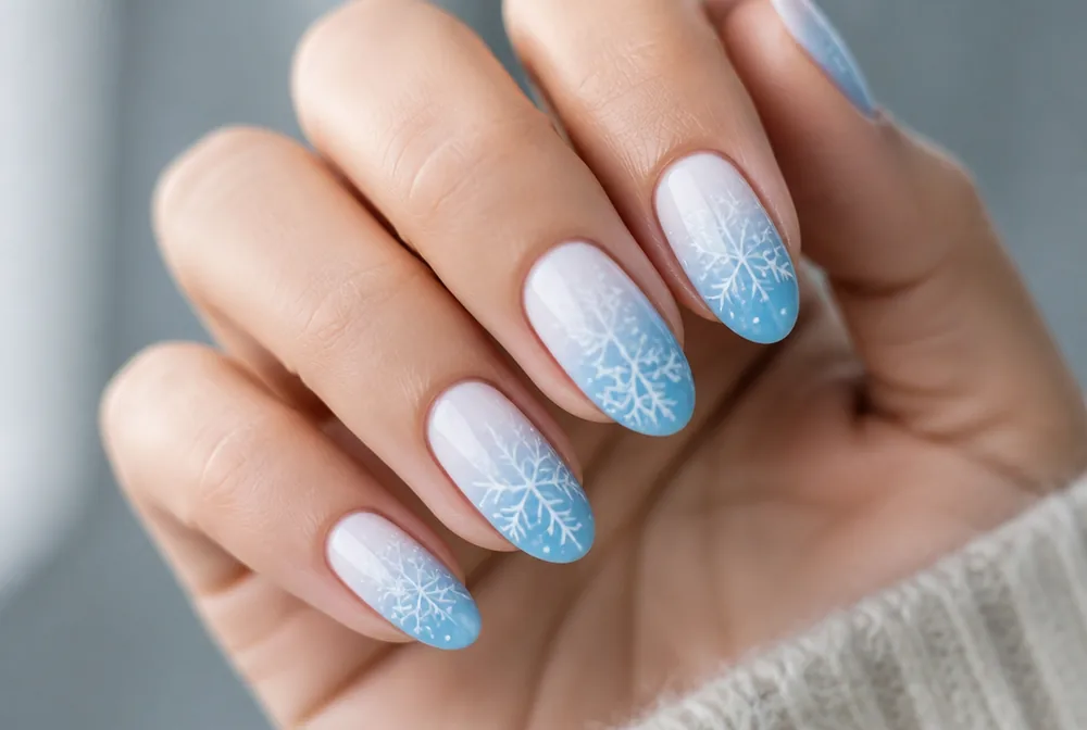 blue ombre snowflake nails fading from white to ice blue