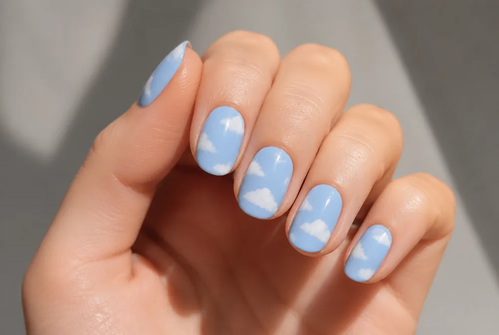 blue sky and cloud nail art on light blue base