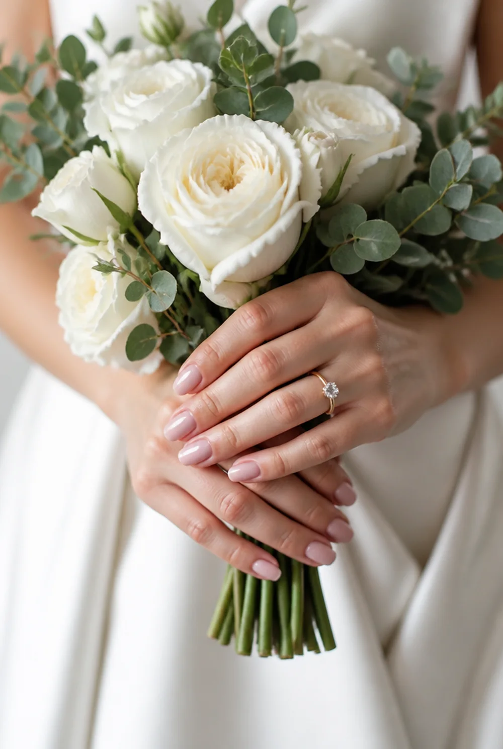 Bride's hands with a sheer pink almond manicure and engagement ring holding a white rose b - PolishedAndPrettyNails.com Bride's hands with a sheer pink almond manicure and engagement ring holding a white rose bouquet