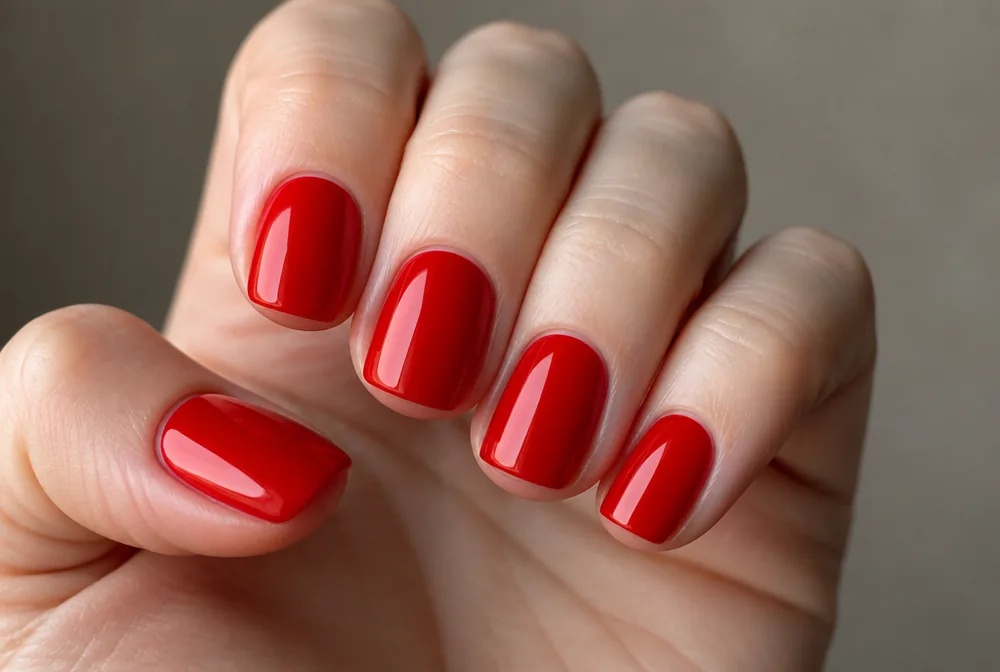 bright fire engine red Christmas nails on short square nails