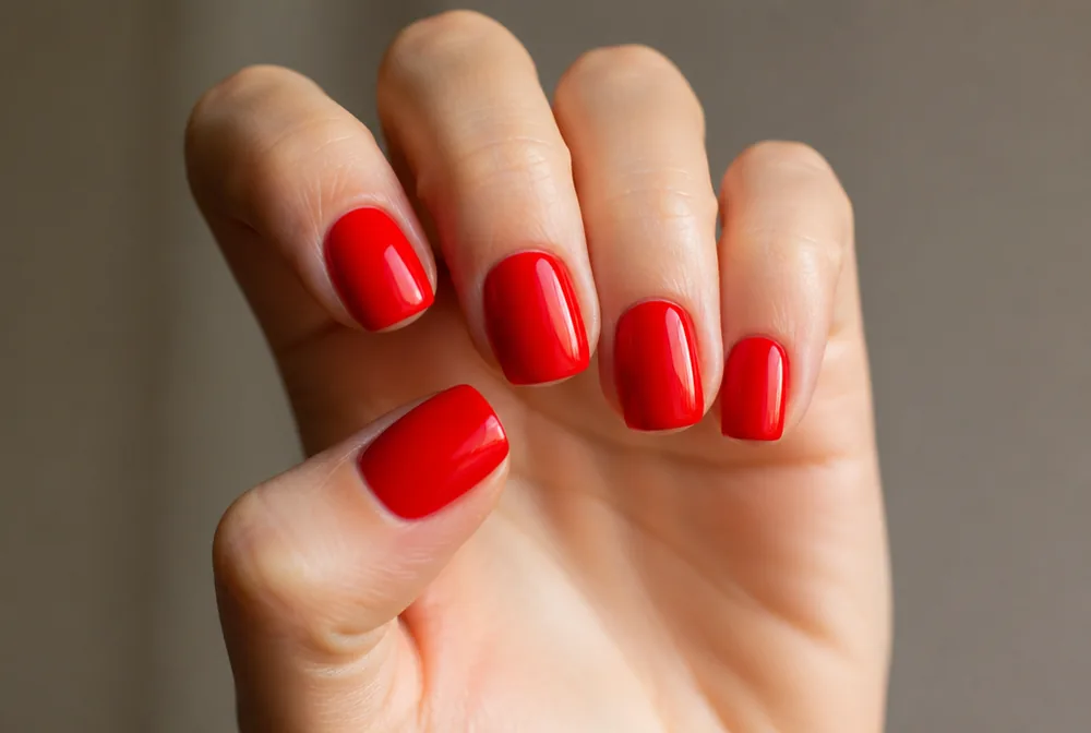 bright fire engine red nails on short square nails - PolishedAndPrettyNails.com bright fire engine red nails on short square nails