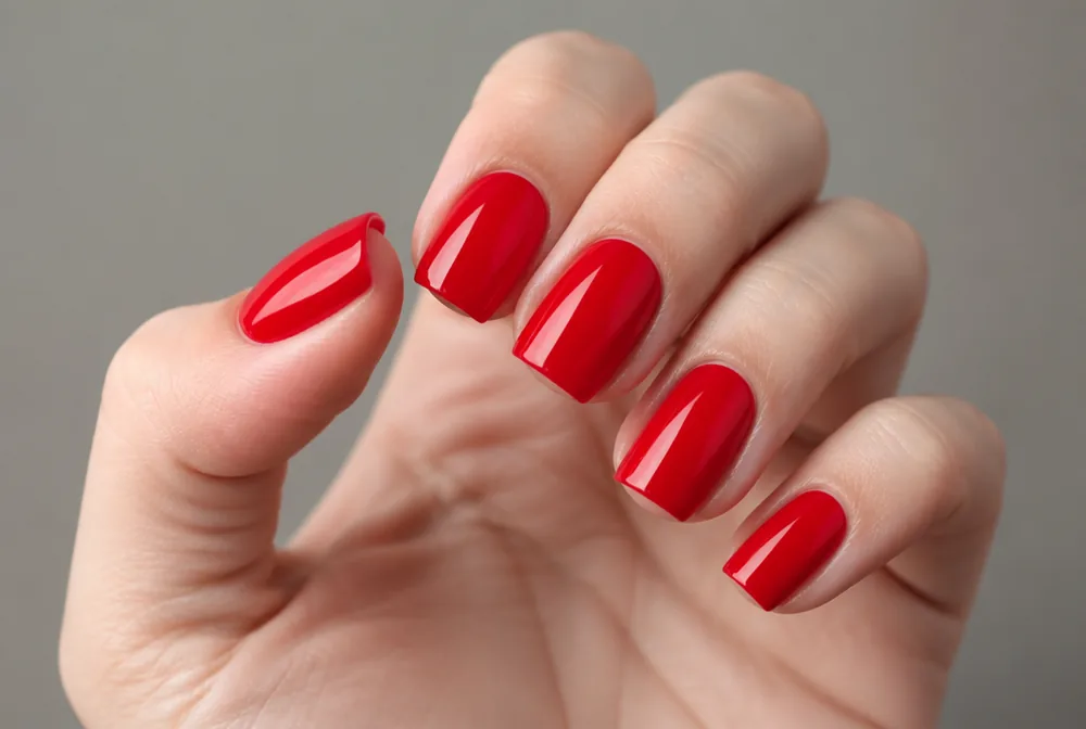 bright red medium square nails with glossy finish