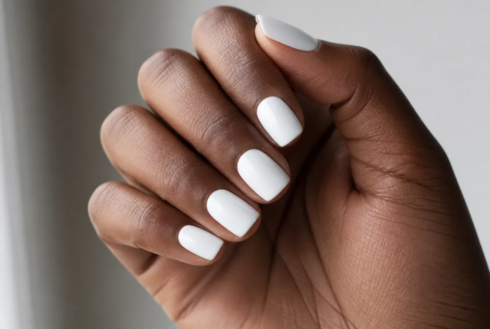 bright white nails on deep skin tone short square shape