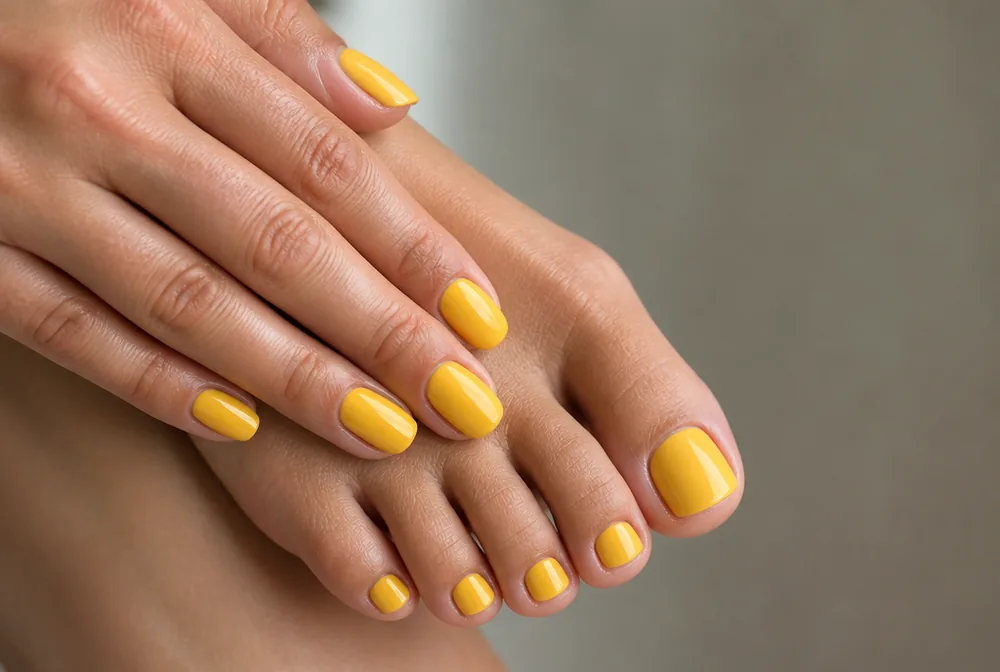 bright yellow pedicure on toes