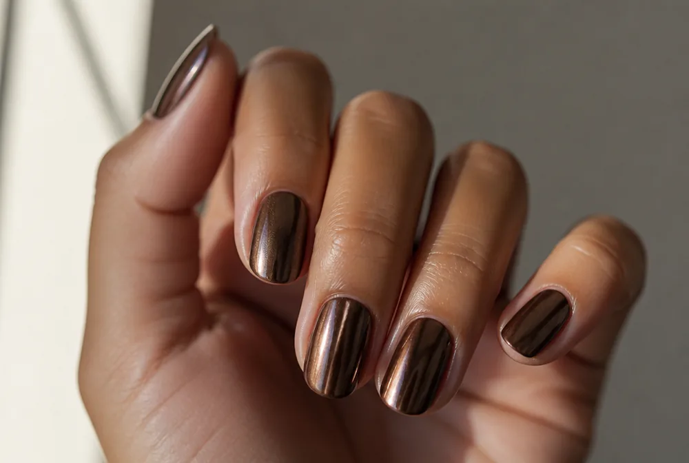 brown bronze chrome nails with metallic finish - PolishedAndPrettyNails.com brown bronze chrome nails with metallic finish