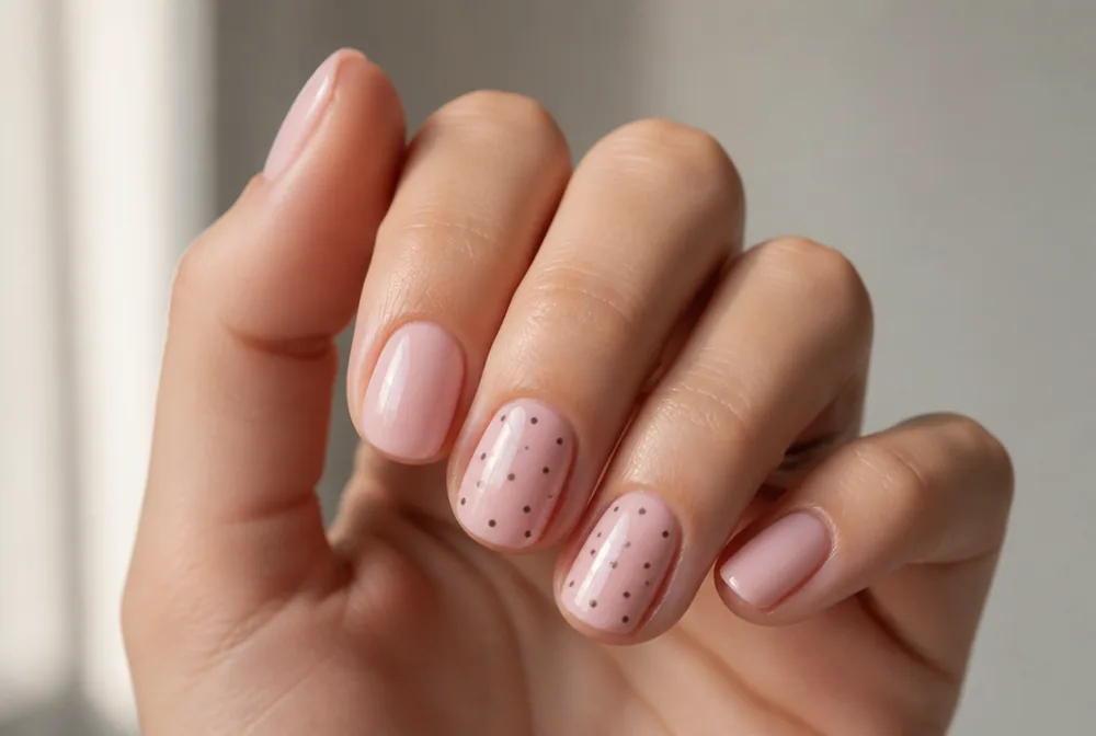 brown polka dots on pink nails