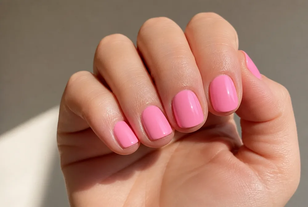 bubblegum pink cream nails on short square nails
