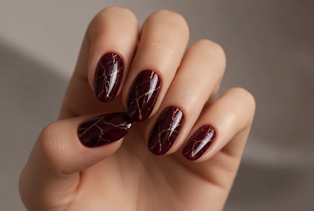 burgundy marble nails with gold veining