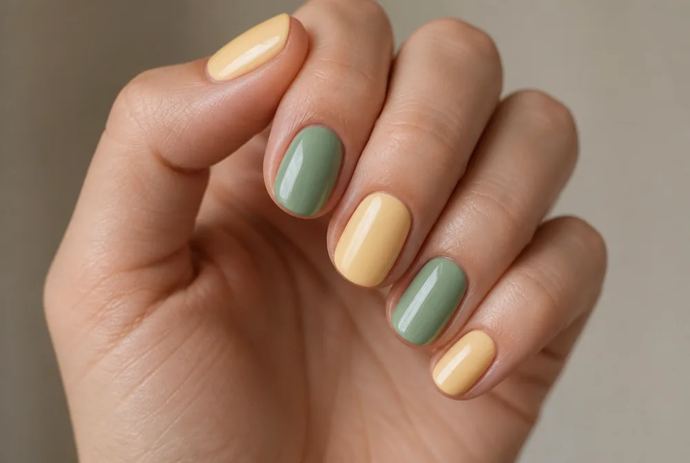 butter yellow and sage green alternating nails
