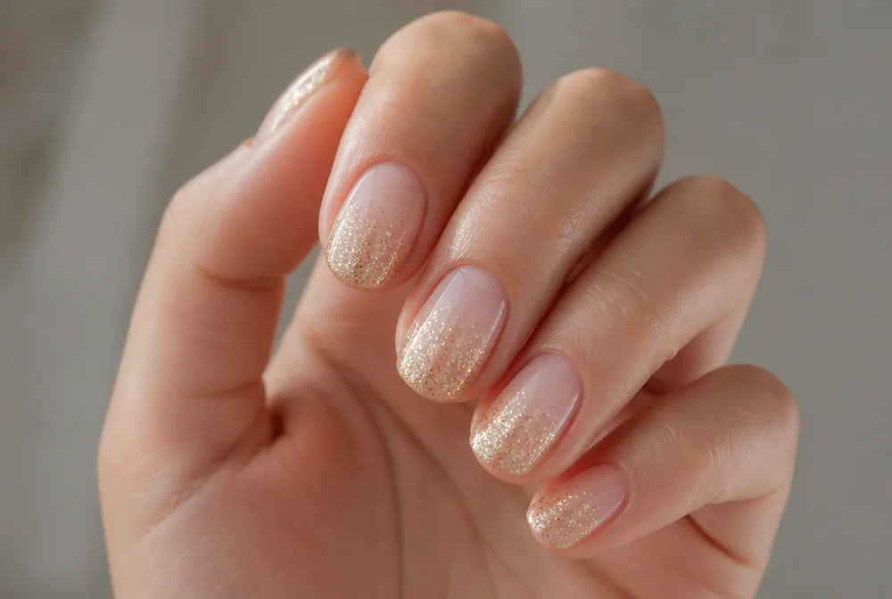 champagne glitter ombre New Years nails on nude base - PolishedAndPrettyNails.com champagne glitter ombre New Years nails on nude base