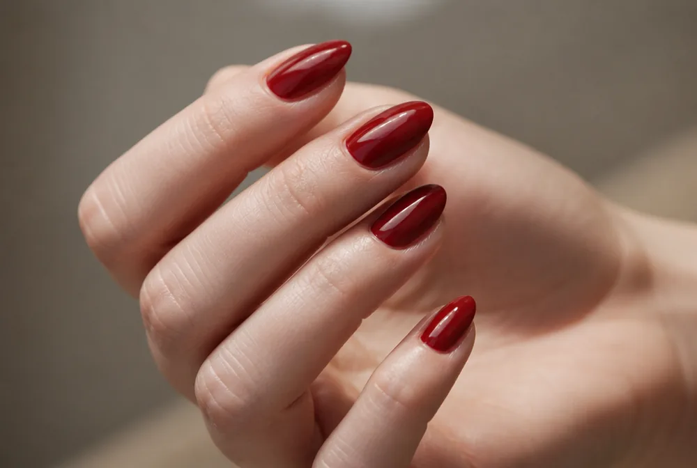 cherry red birthday nails on almond shape