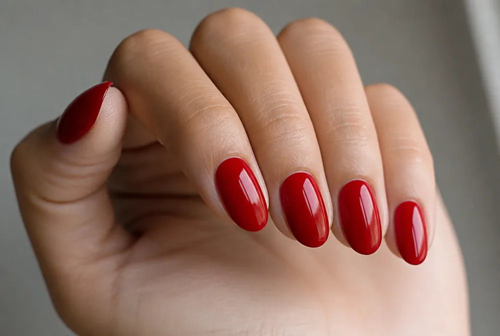 cherry red short almond nails glossy finish