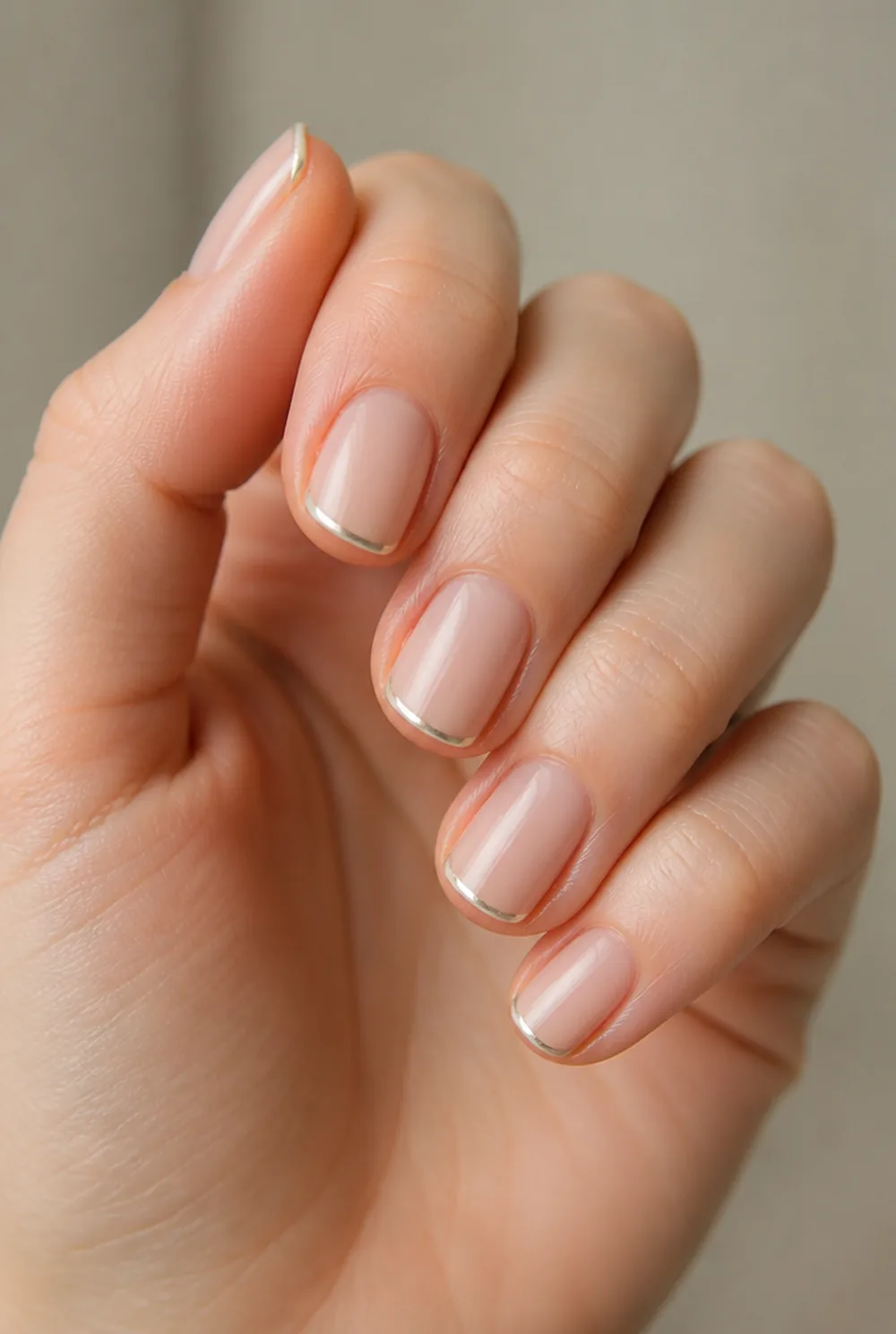 silver chrome tip nail art on fair skin, short length