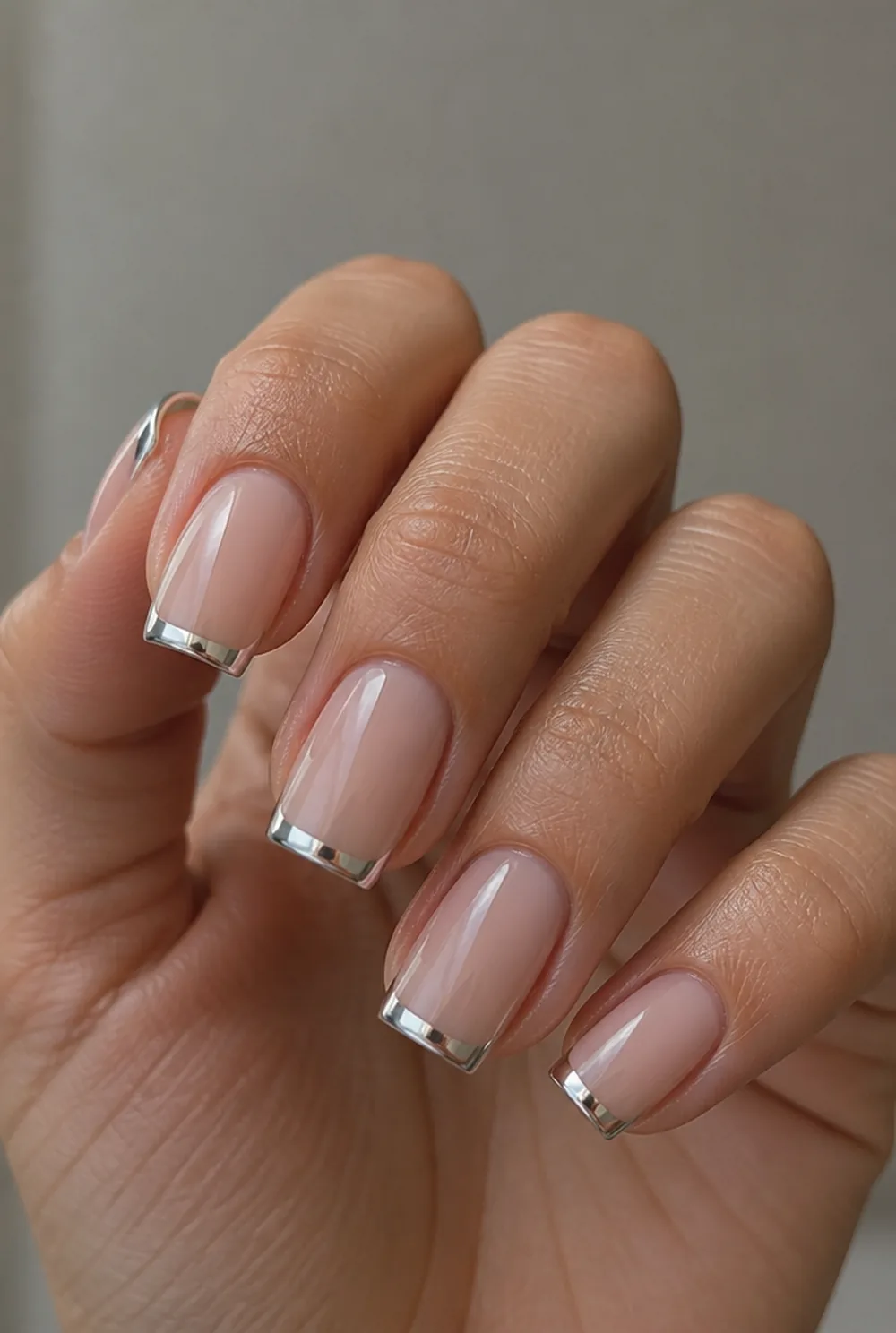 chrome french on short square nail art on olive skin, long length