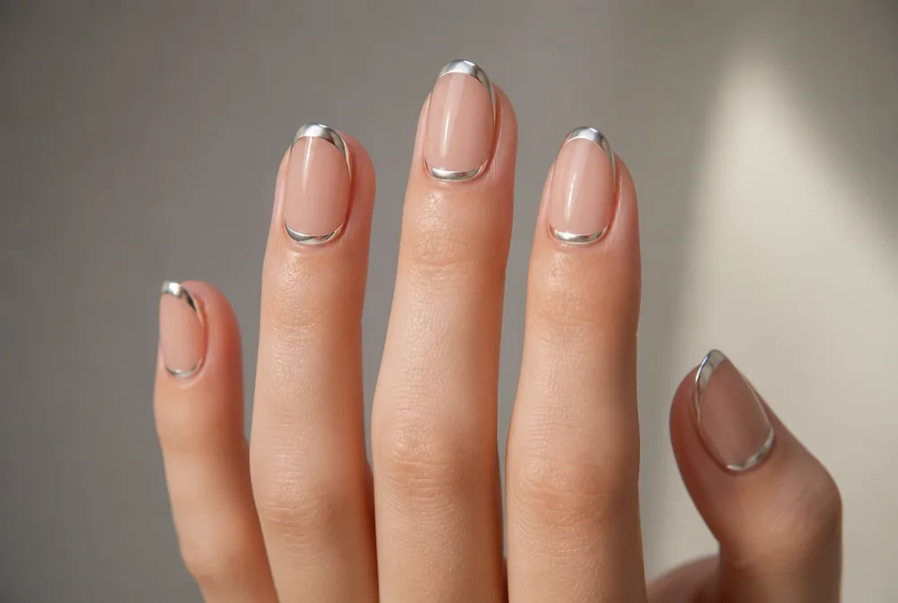 chrome french nails with chrome cuticle arc