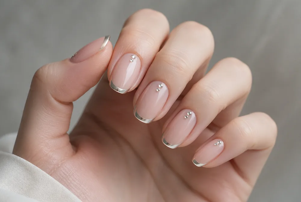 chrome french nails with rhinestone detail