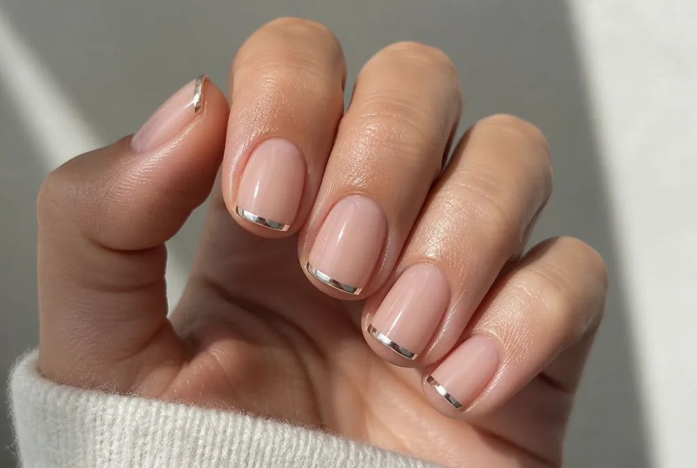 chrome french tip on short square nails