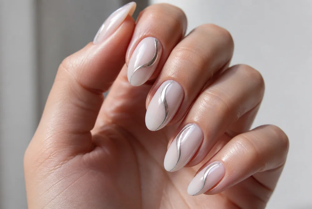 chrome swirl nails on milky base