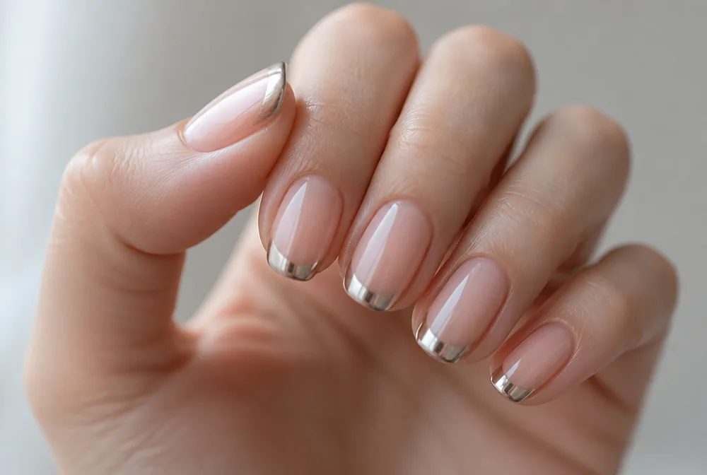 chrome tip detail on medium length nails