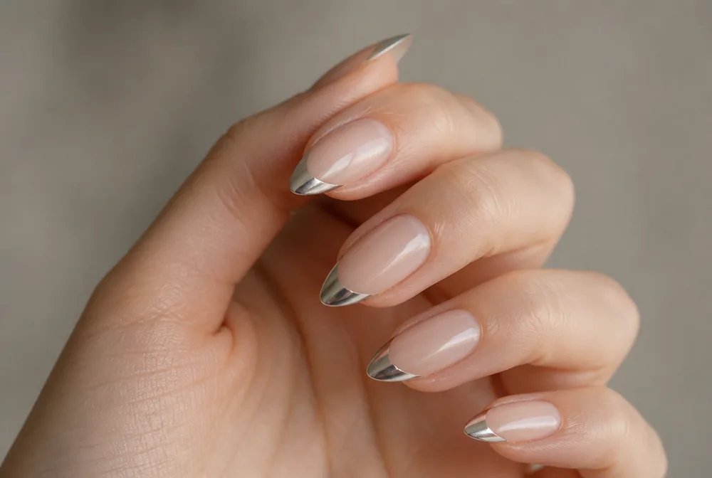 chrome tipped stiletto nails on nude base