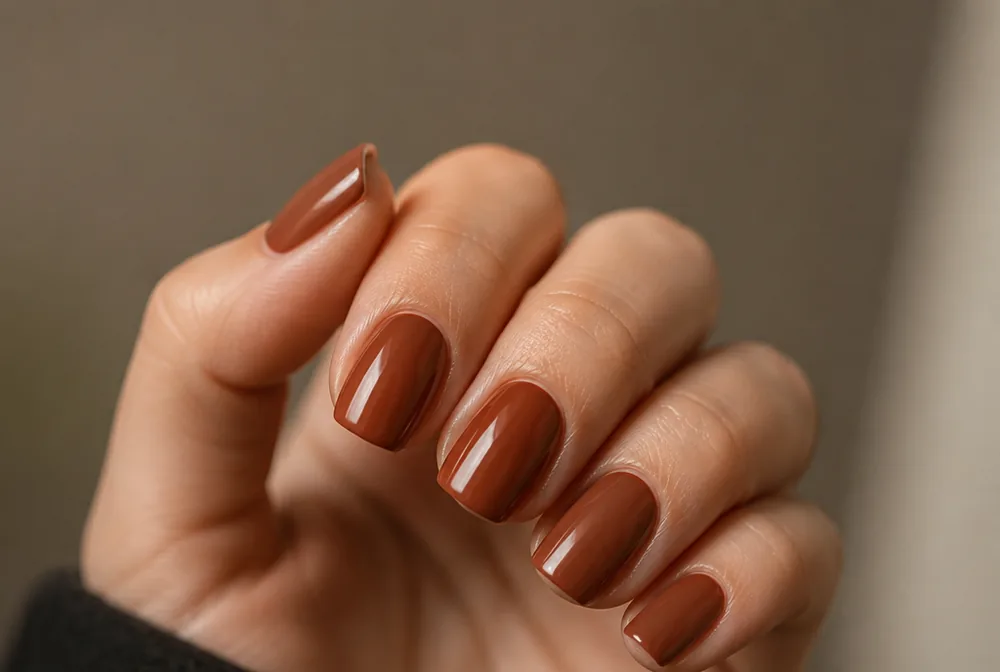 cinnamon warm brown nails on medium square shape - PolishedAndPrettyNails.com cinnamon warm brown nails on medium square shape