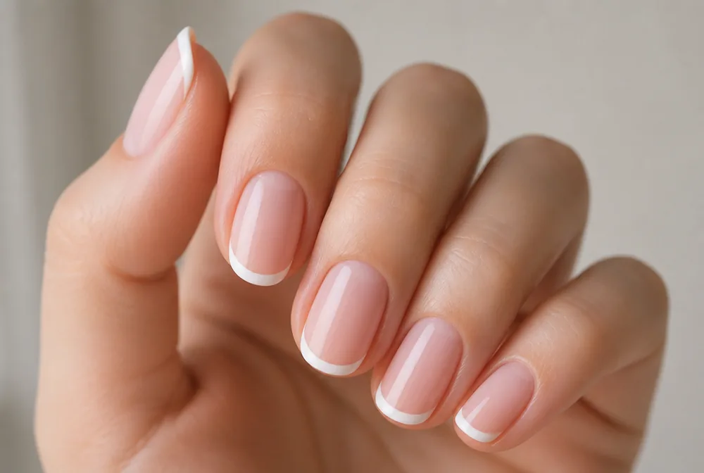 classic white French tip nails on sheer pink base