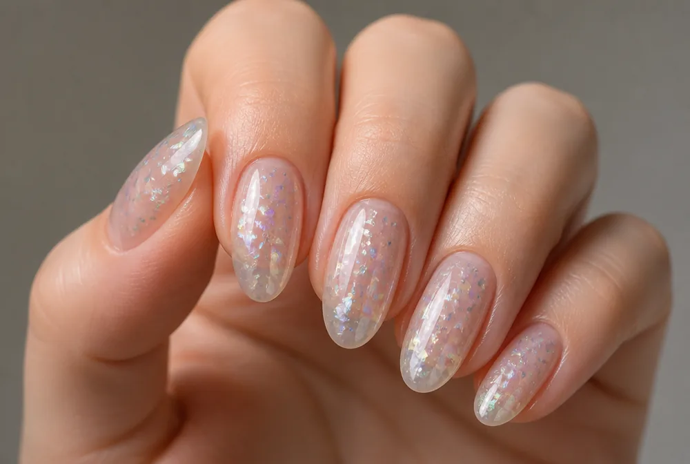 clear jelly nails with iridescent glitter flakes