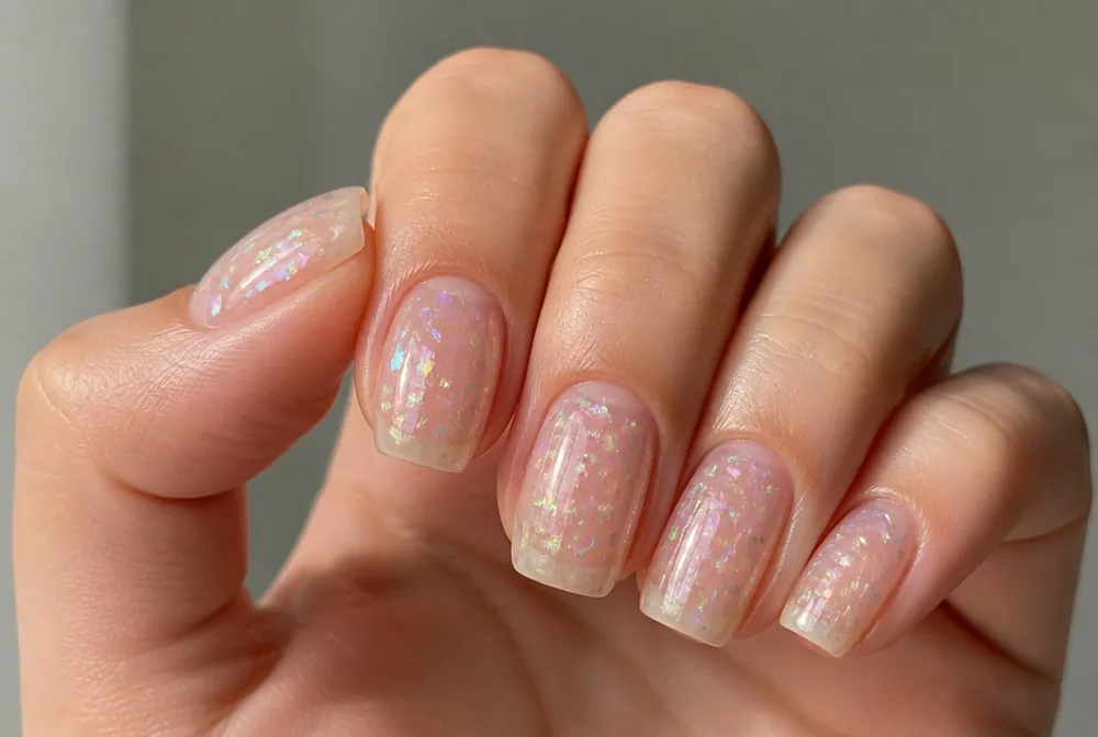 clear jelly New Years nails with iridescent flakes - PolishedAndPrettyNails.com clear jelly New Years nails with iridescent flakes