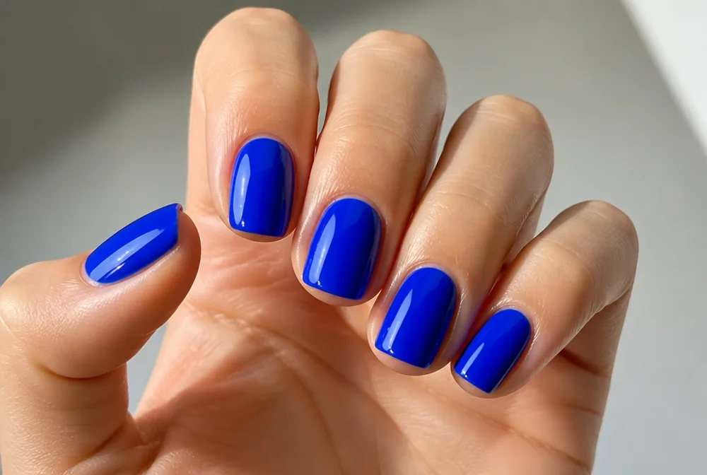 cobalt blue glossy nails on short square shape