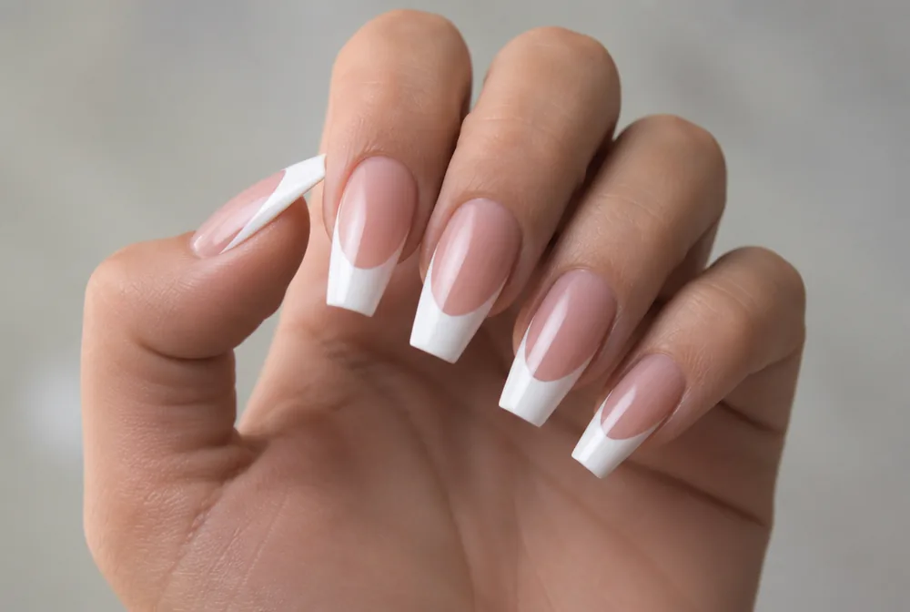 coffin French tip nails with straight smile line