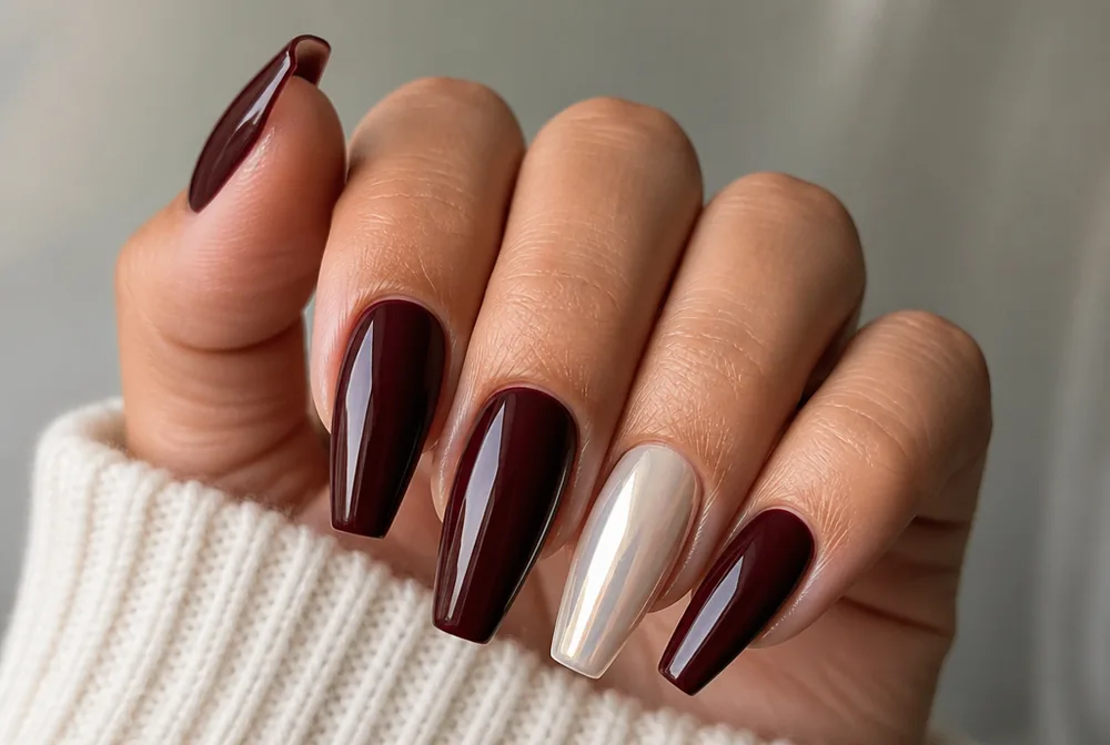 coffin nails with pearl chrome accent finger