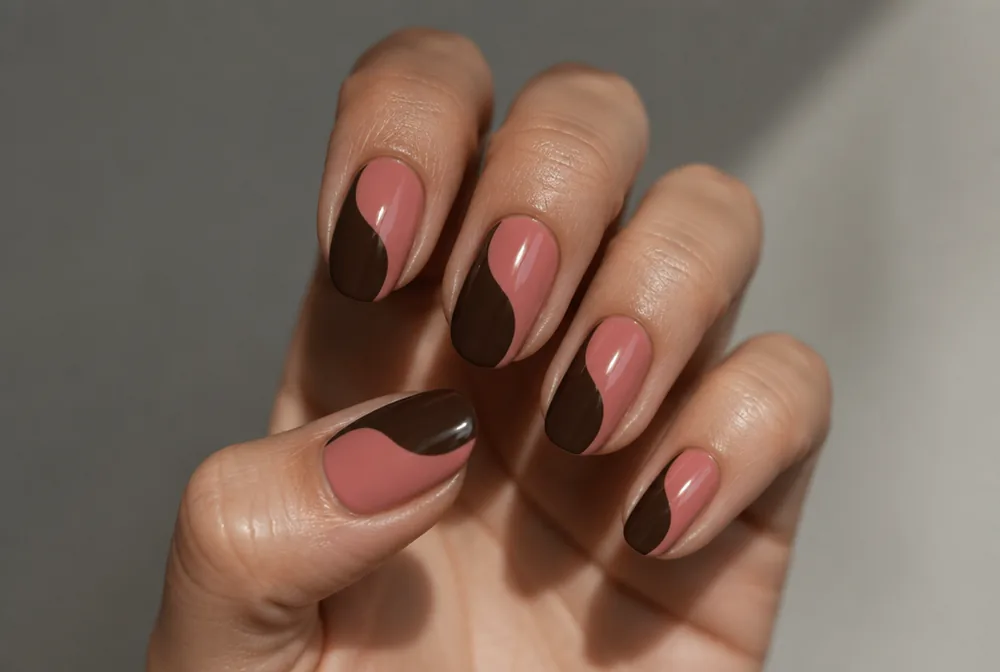 color block swirl nails in two tones