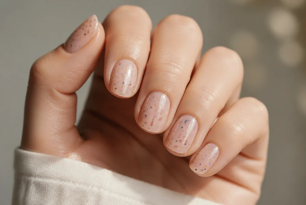 confetti birthday nails with scattered colored flecks