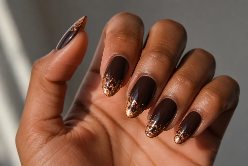copper foil nails on deep brown base