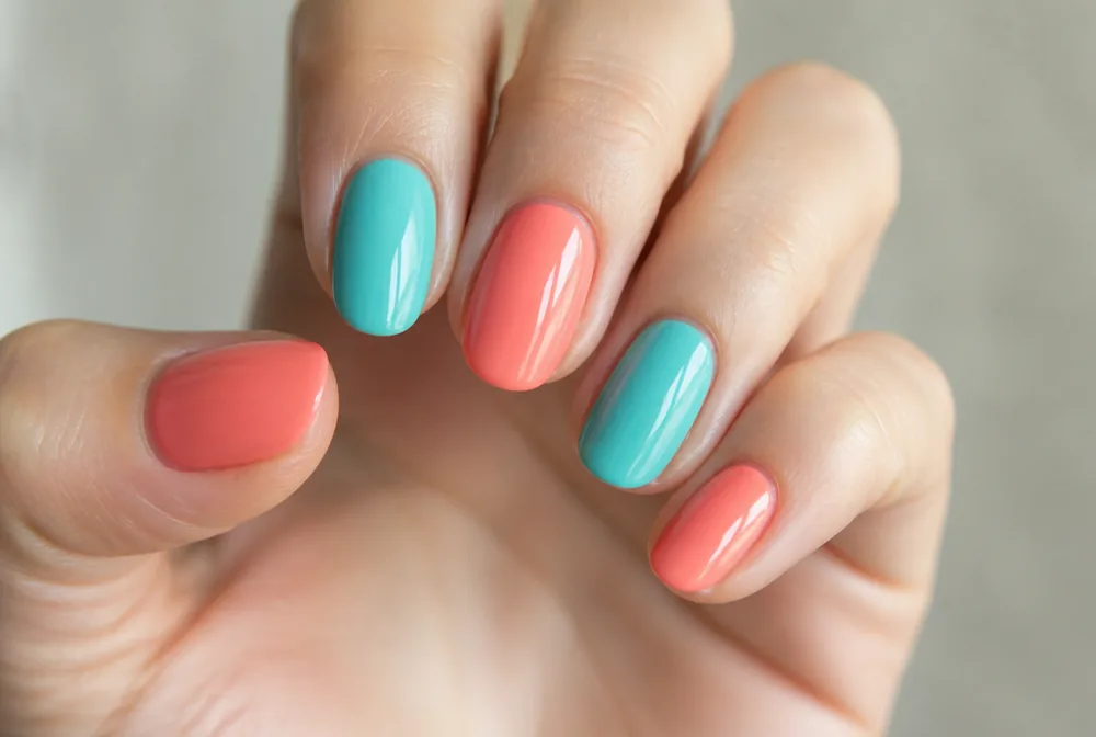 coral and turquoise alternating nails