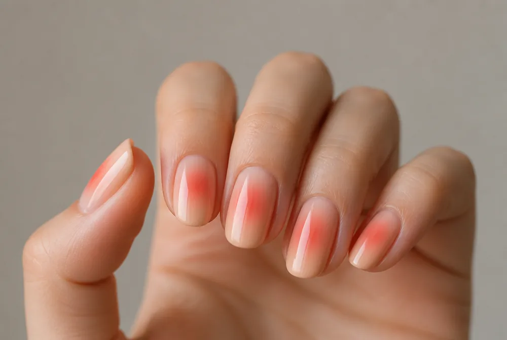 coral aura nails with warm center glow