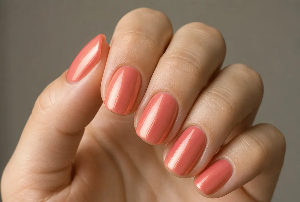 coral chrome nails with warm metallic finish