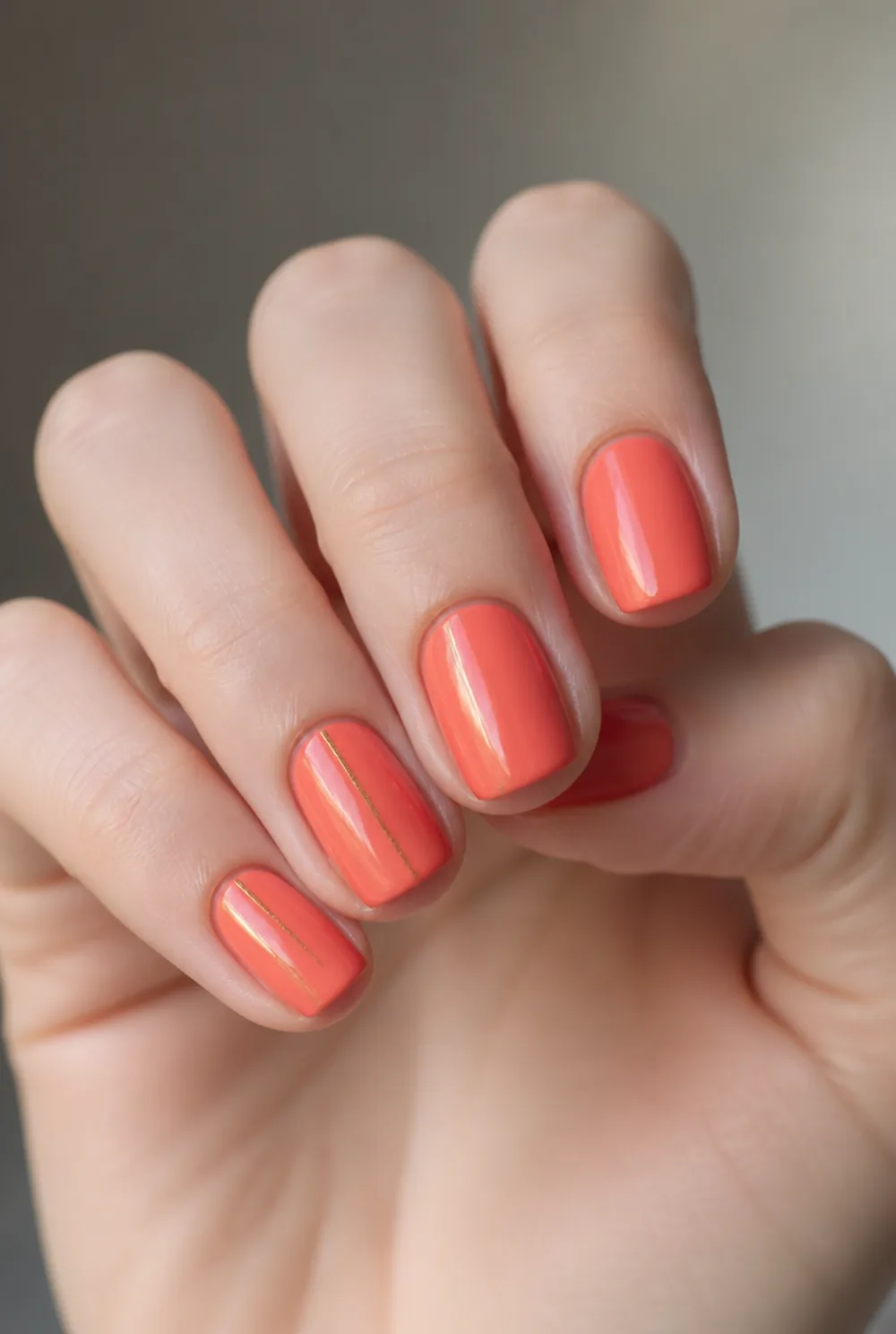 coral and gold nail art on fair skin, short length