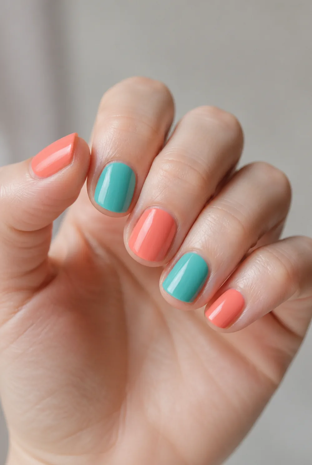 coral and turquoise nail art on fair skin, short length